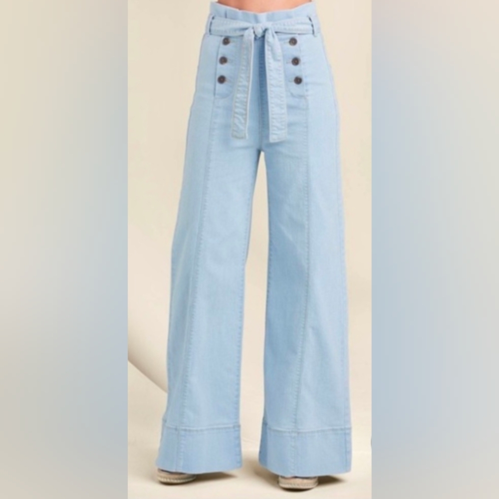 VENUS Light Blue Button Front Flare Jeans With Tie Belt!